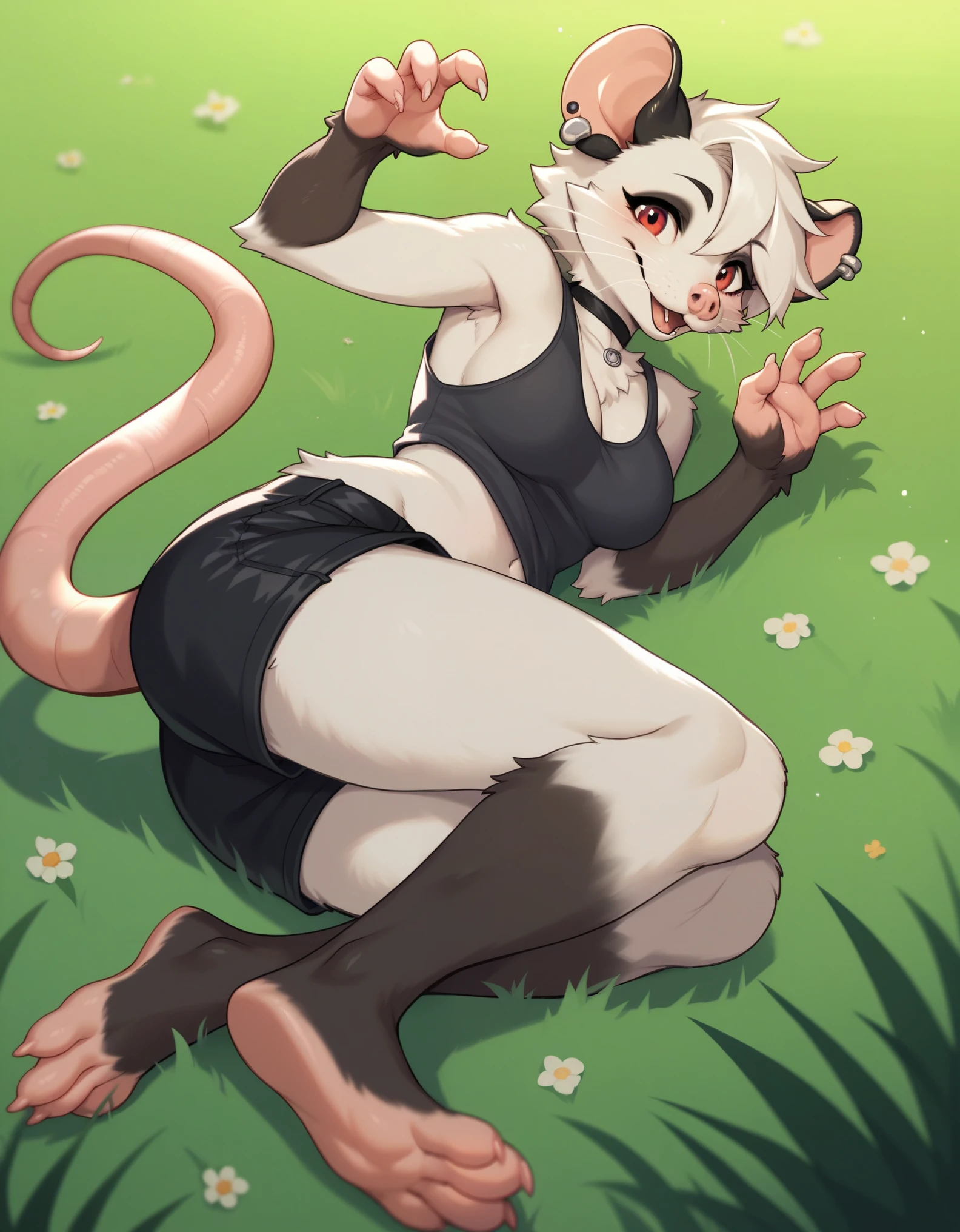 , score_9,score_8_up,score_7_up, source_cartoon, source_furry, kemono style, Female opossum, Anthro furry opossum girl, black brown fur, white fur, red eyes, happy smile, black tank top whiskers, black shorts, black choker necklace, feet paws, rodent paws, clawed fingers, four toes,lying on the ground, grassy floor, cute pose, medium breasts, piercings on left ear,