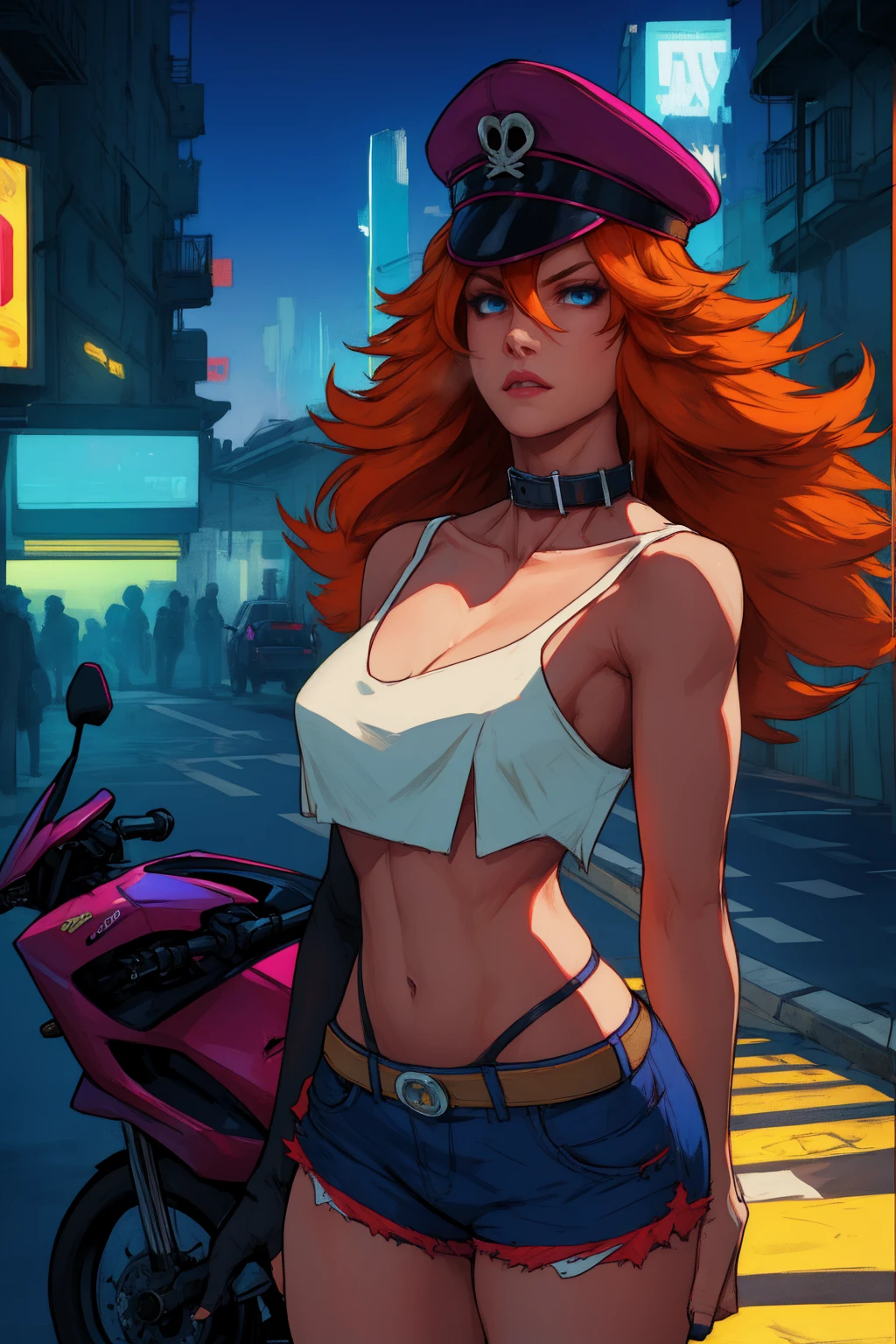 roxy,orange hair,blue eyes,long hair,white crop top,single elbow glove,collar,short red shorts,
peaked cap,
upper body,looking at viewer
driving a motocicle,night,neon lights,streets,
(insanely detailed, masterpiece, best quality),solo,