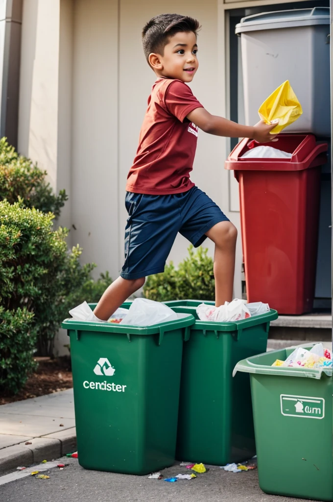 A boy throwing garbage into the trash can 