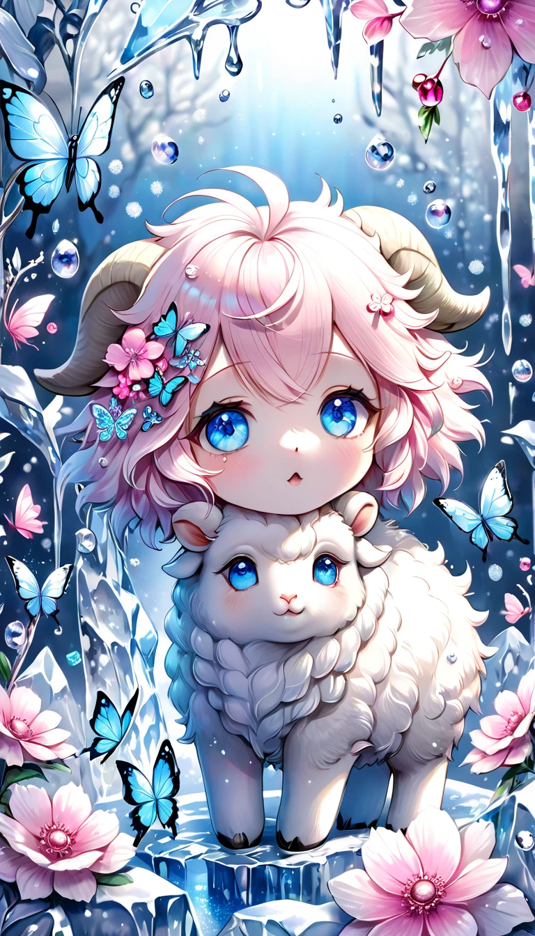 Ultra detailed, HDR, Highres, absurdres, master piece, white sheep, expressive blue eyes, glass, ice glittering butterflies, ice, petals, pink ice glass flowers, cute, glittering, water, fantasy, magical, snowflakes, cold, small and cute,