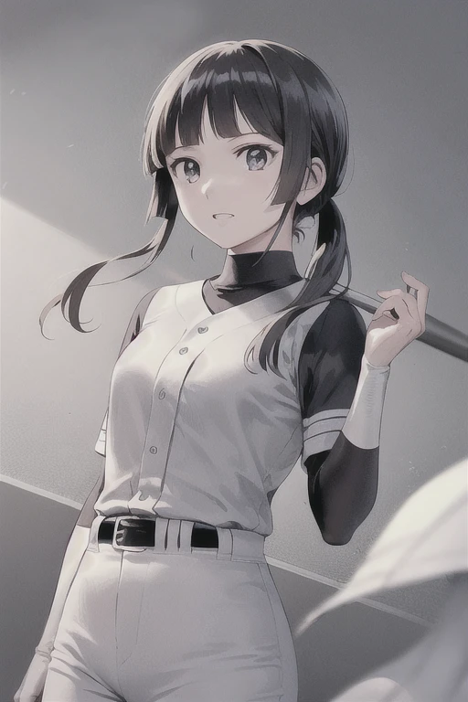 View your viewers, 
Black Hair,(Tied Hair,Blunt bangs:1.2), Small breasts, 
(Baseball uniforms:1.2), (Highest quality:1.3),One girl,