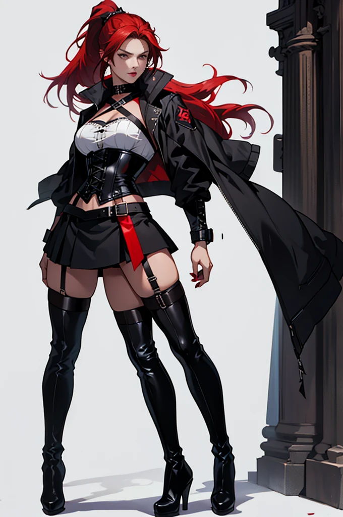 Rogue human woman, with red hair and black streaks, long high ponytail, white corset, black mini skirt, black thigh high boots, black jacket, with a dagger, moon in background, full body