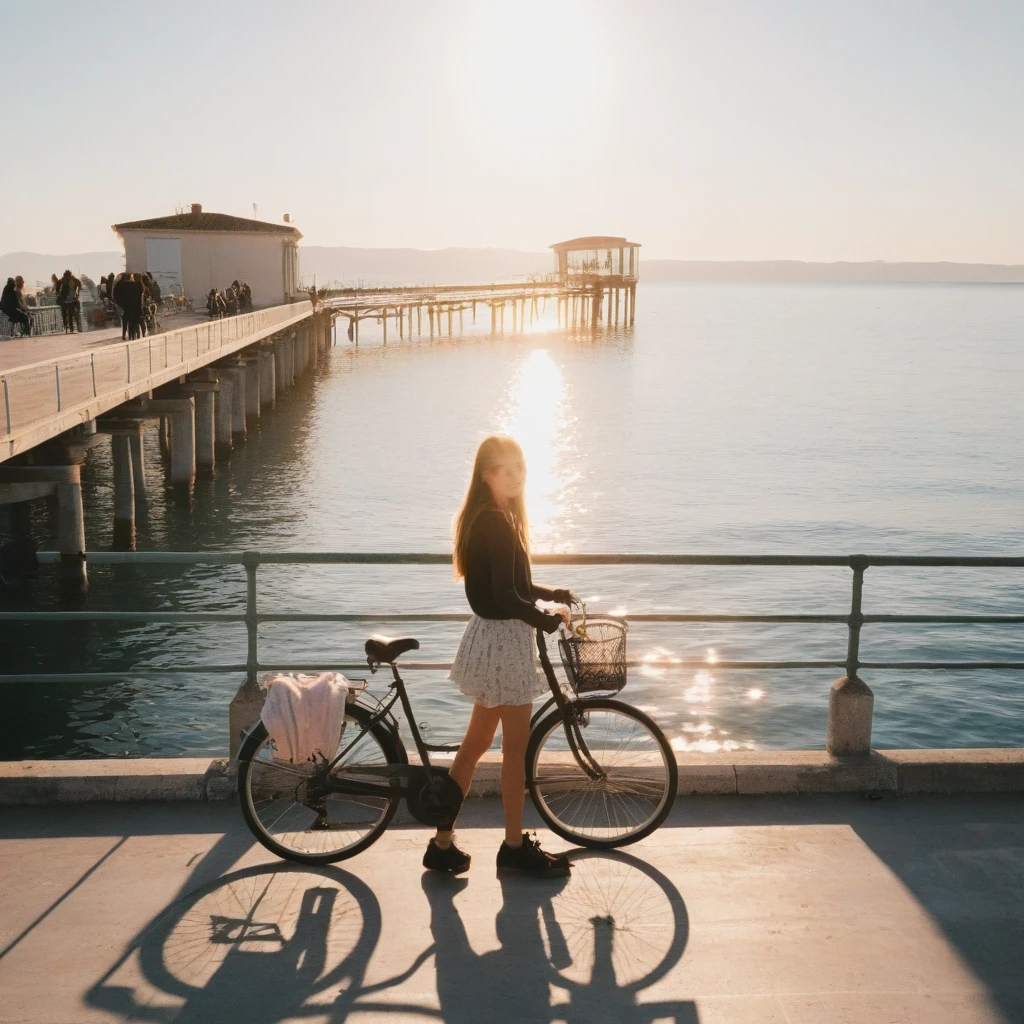 Rules of third, 1girl, aesthetic, bicycle, Nice, France, pier, morning sun, 