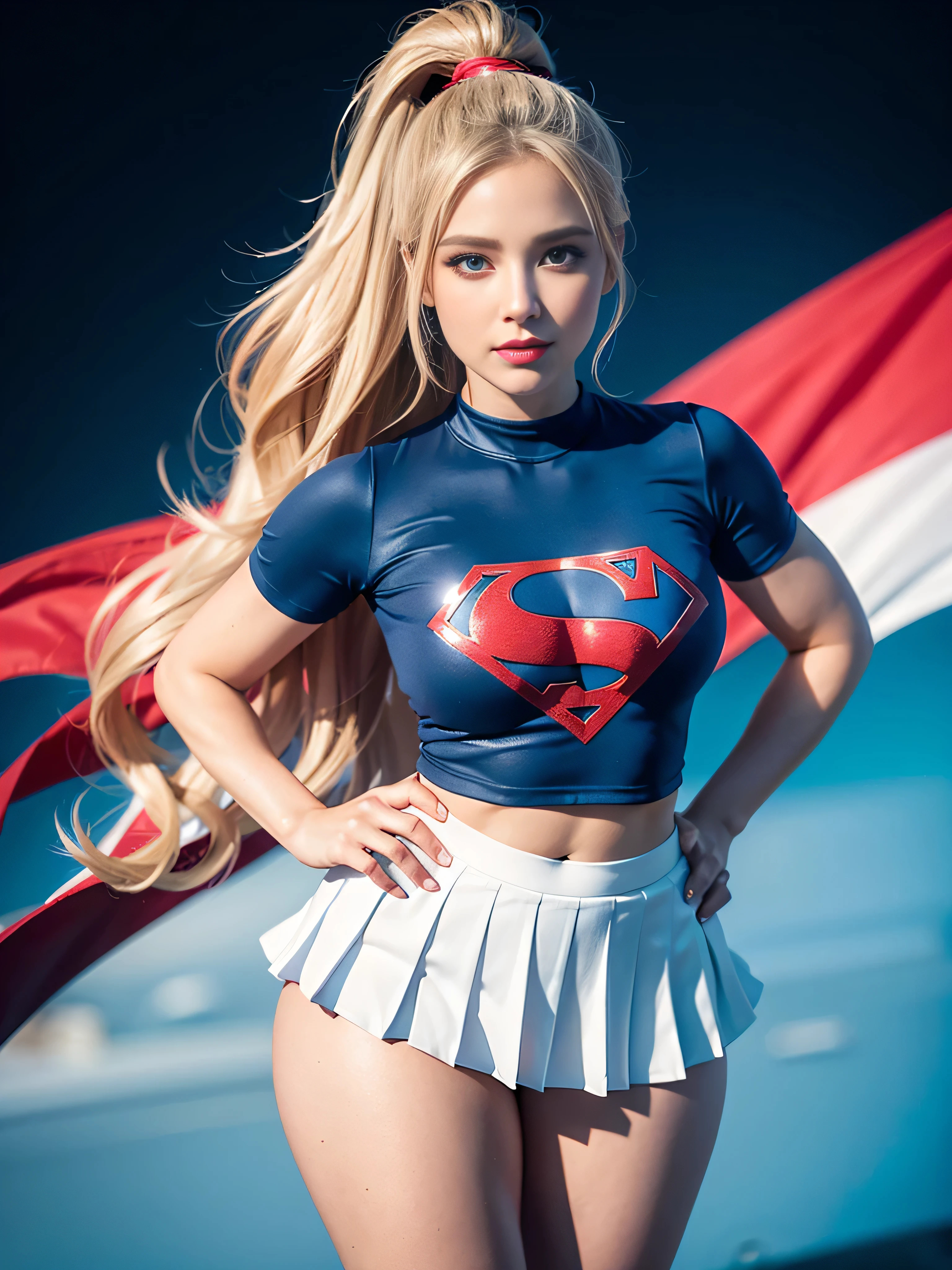 4k, realistic, charismatic, very detailed, there is a girl in the sky, dressed in a super girl costume, she is a super girl, superhero theme, blonde large hair, ponytail, 20 years, full body, (detail in the eyes), (detail in the face), incredibly beautiful, blue eyes, blush, makeup, red lipstick, miniskirt, (wide hips),  (thick thighs), small breasts, dress,, seductive pose, (extreme hourglass figure), thin, svelte, white skirt, boots, tight t-shirt, ((pleated mini skirt))