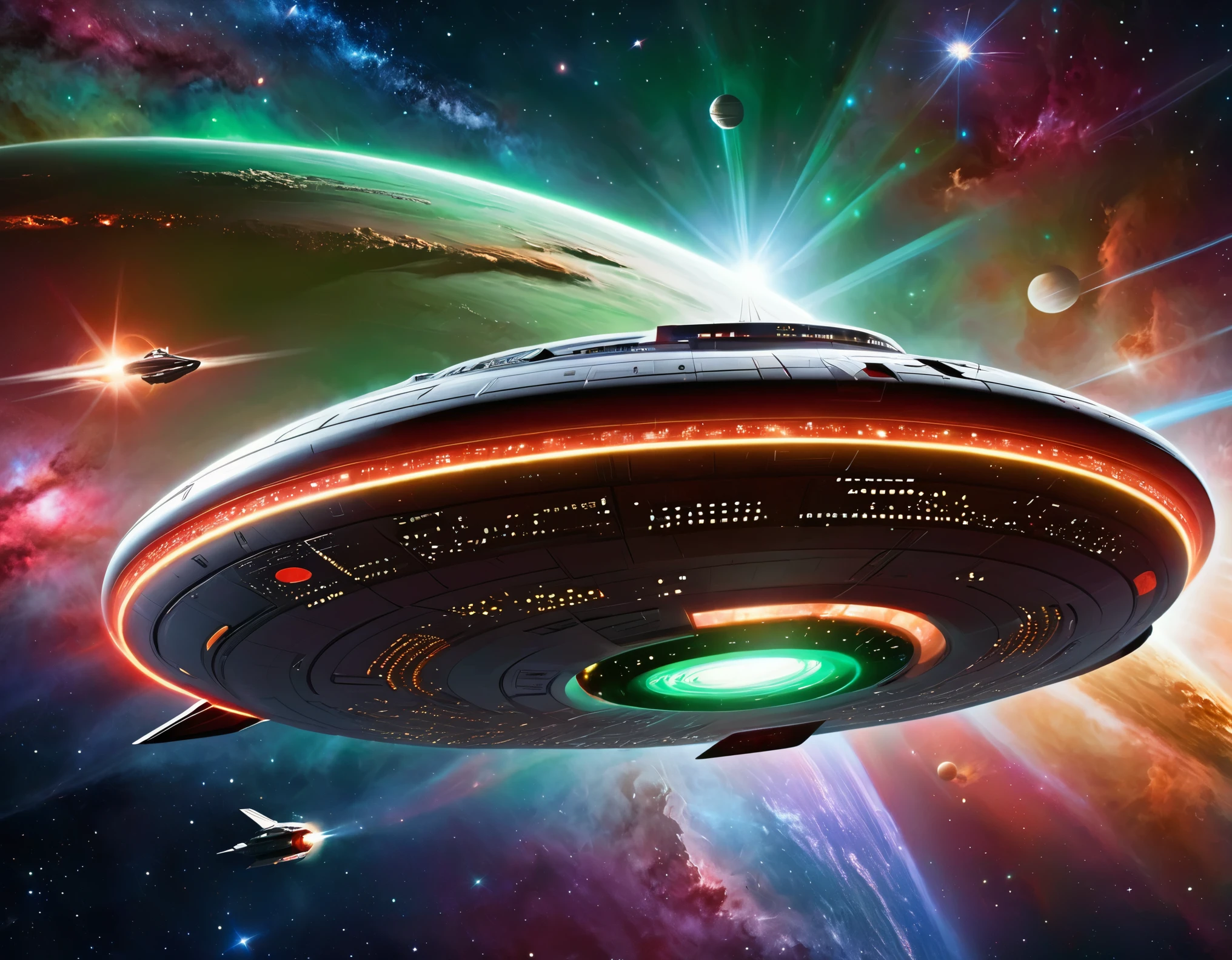A sleek, futuristic starship soaring through the vastness of space with a background transitioning from dark green to red, dotted with stars. The ship has a large, circular saucer section, elongated body, and nacelles extending outward. Its metallic surface is detailed with intricate paneling and vibrant lights, showcasing advanced space travel technology.