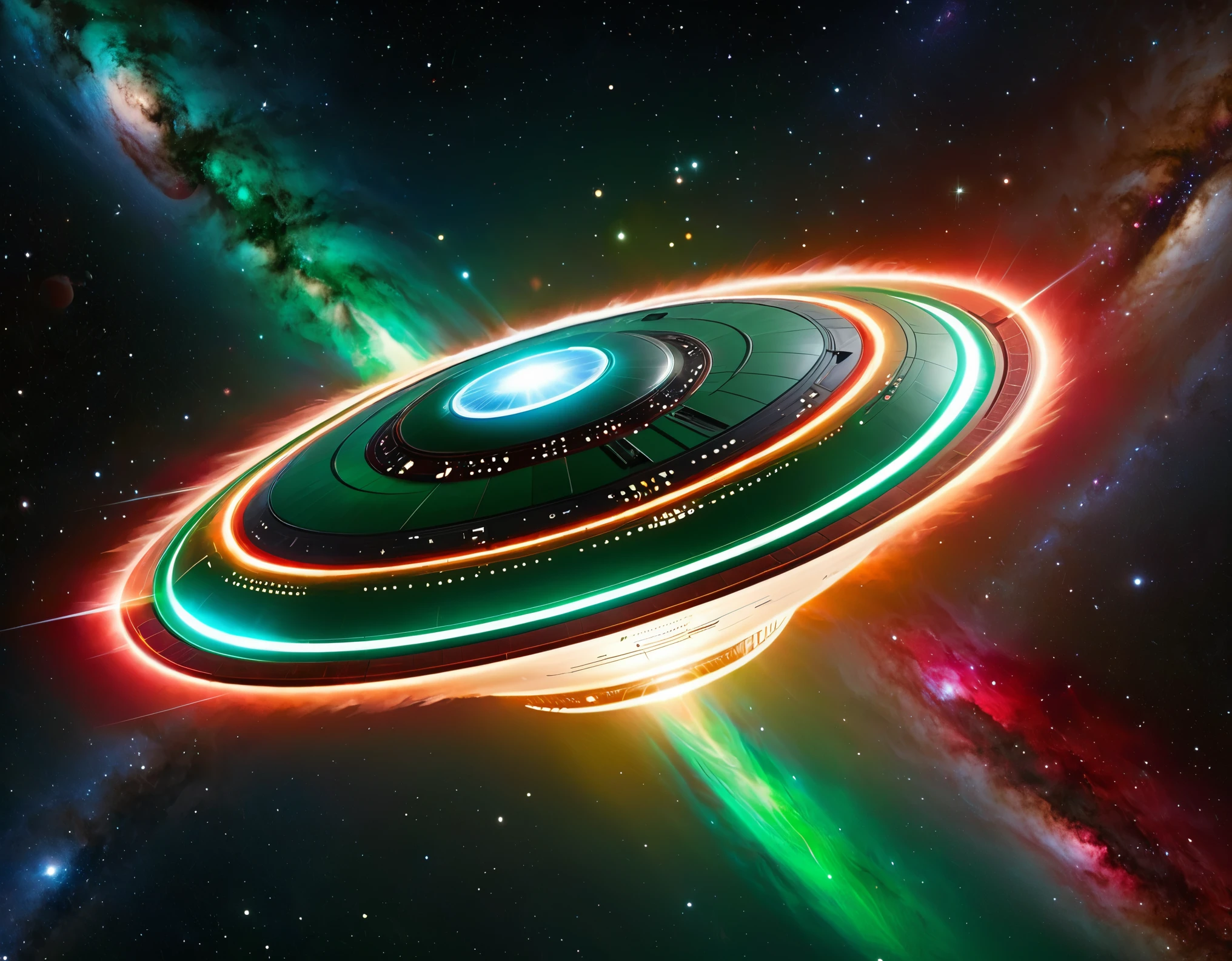 A sleek, futuristic starship soaring through the vastness of space with a background transitioning from dark green to red, dotted with stars. The ship has a large, circular saucer section, elongated body, and nacelles extending outward. Its metallic surface is detailed with intricate paneling and vibrant lights, showcasing advanced space travel technology.