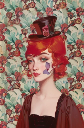 painting of a woman with red hair and a top hat, inspired by Mab Graves, inspired by Hilde Goldschmidt, inspired by Rose Henriques, inspired by Tommaso Dolabella, inspired by Chica Macnab, red irises and a slim face, the madhatter, inspired by Raphael Kirchner, inspired by J. C. Leyendecker