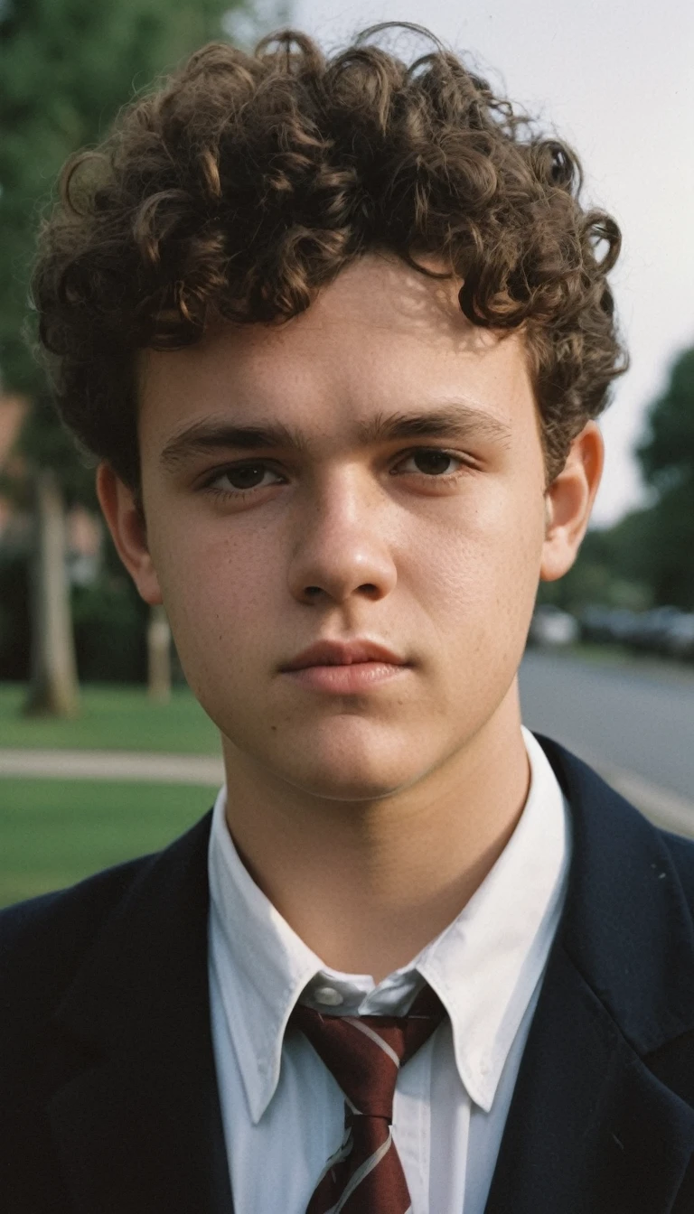 analog film photo, modern day photo of a young student, 13 years-old, male, brown-black hair, short curly quiff haircut, brown eyes, caucasian, round face, oval-shaped jawline, bulbous nose, full lips, thick eyebrows, soft features, stocky broad frame, chubby, handsome, resembles a younger John C Reilly, (relaxed school uniform:1.1), silhouette, backlit, split lighting, half face in shadow, RAW Photograph, dslr, hard lighting, hard shadows, high quality, film grain, Fujifilm XT3, detailed skin with visible pores, insane details, masterpiece, 8k, 35mm photograph, dslr, kodachrome, faded film, desaturated, 35mm photo, grainy, vintage, Kodachrome, Lomography, stained, highly detailed, found footage, yearbook portrait, contemporary, 2024