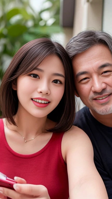 A beautiful woman in a sleeveless top and a middle-aged man with short hair, both wearing short sleeves, taking a selfie together. They are both laughing heartily, showing a close and intimate relationship. They are holding a smartphone at arm's length, capturing their joyful expressions. The background is a bright and cheerful setting