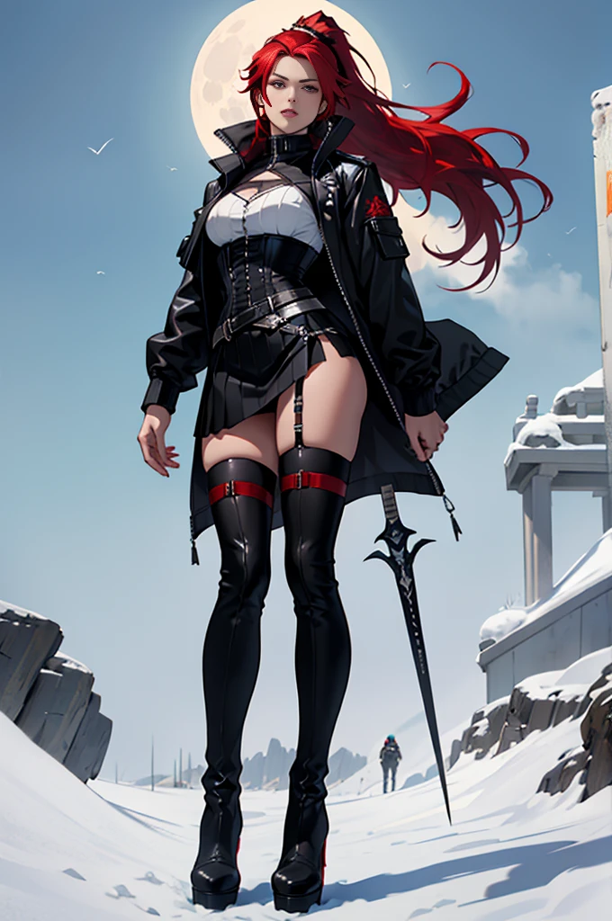 Rogue human woman, with red hair and black streaks, long high ponytail, white corset, black mini skirt, black thigh high boots, black jacket, with a dagger, moon in background, full body
