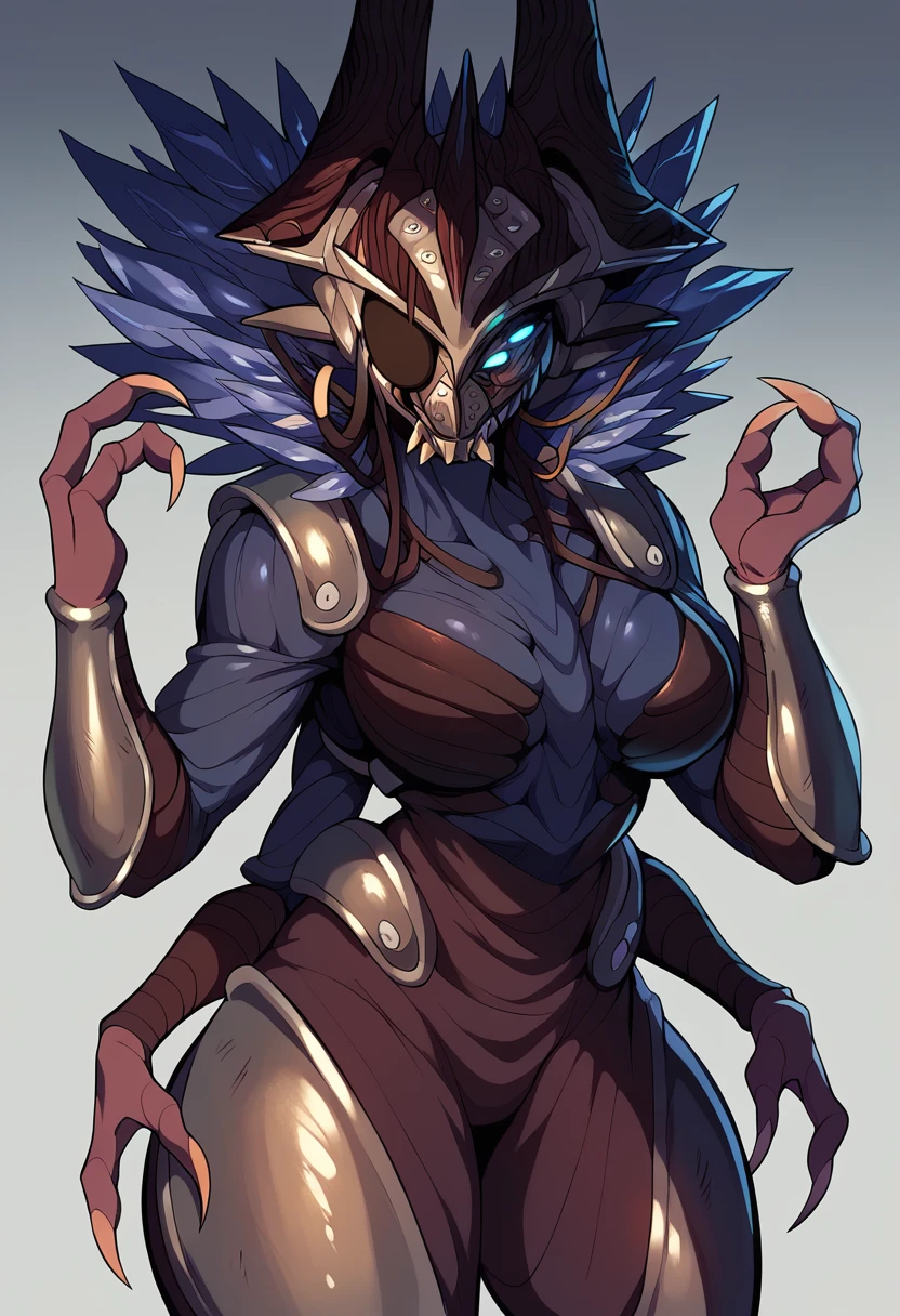 A tall alien woman with four glowing blue eyes, eyepatch covering two eyes, four arms, three fingers on each hand, sharp claws, arthropod, mature female, alien, armour and tight clothes showing off curves