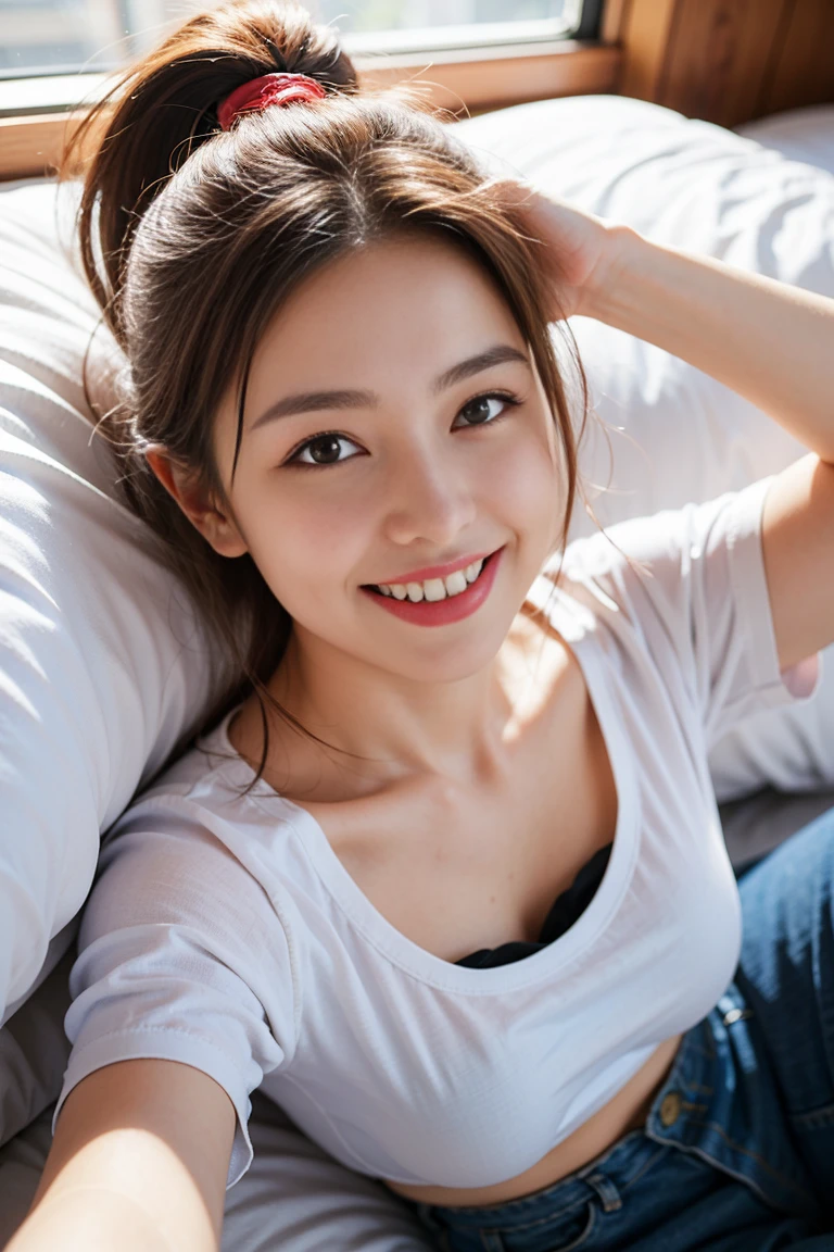 Highest quality，８ｋ，Brown Hair，ponytail，clear系美女，ｃcup，smile，Shiny skin，T-Shirts，Wearing jeans，Popular with men，Wearing a blouse，Shown in full-body photo，Looking up，Strong sunlight, bright, She is smiling gently with the corners of her mouth turned up,Realistic skin texture，double eyelid，Japanese，Eye color is dark brown，Lying in bed，a sunny day，clear，19～２２age，Photorealistic，Looks energetic，giggle，Super detailed，Ultra-high resolution，She is wearing red lipstick，