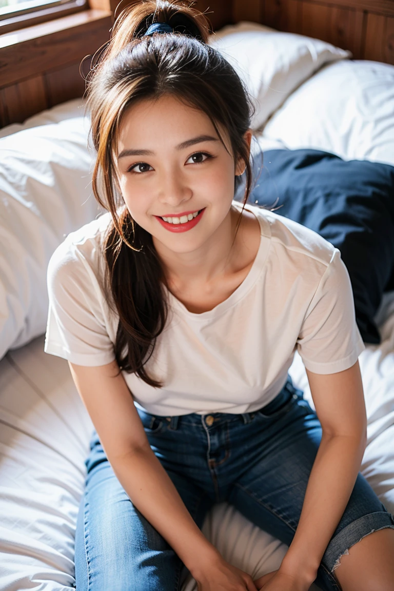 Highest quality，８ｋ，Brown Hair，ponytail，clear系美女，ｃcup，smile，Shiny skin，T-Shirts，Wearing jeans，Popular with men，Wearing a blouse，Shown in full-body photo，Looking up，Strong sunlight, bright, She is smiling gently with the corners of her mouth turned up,Realistic skin texture，double eyelid，Japanese，Eye color is dark brown，Lying in bed，a sunny day，clear，19～２２age，Photorealistic，Looks energetic，giggle，Super detailed，Ultra-high resolution，She is wearing red lipstick，