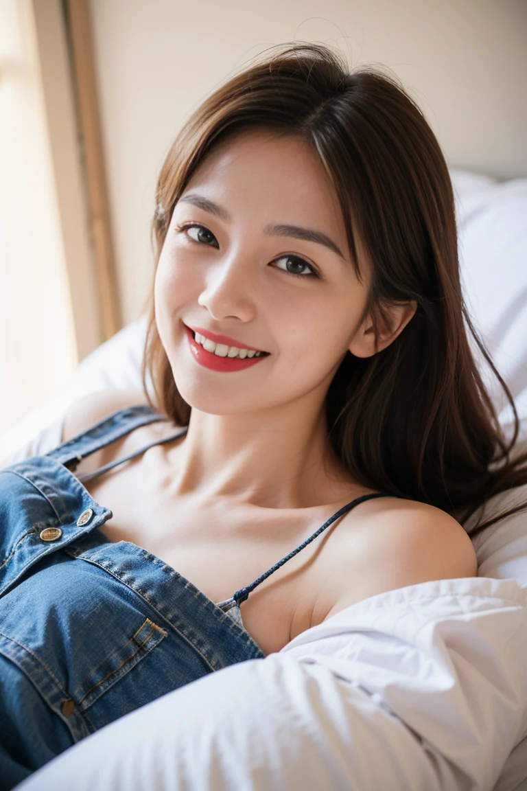 Highest quality，８ｋ，Brown Hair，ponytail，clear系美女，ｃcup，smile，Shiny skin，T-Shirts，Wearing jeans，Popular with men，Wearing a blouse，Shown in full-body photo，Looking up，Strong sunlight, bright, She is smiling gently with the corners of her mouth turned up,Realistic skin texture，double eyelid，Japanese，Eye color is dark brown，Lying in bed，a sunny day，clear，19～２２age，Photorealistic，Looks energetic，giggle，Super detailed，Ultra-high resolution，She is wearing red lipstick，