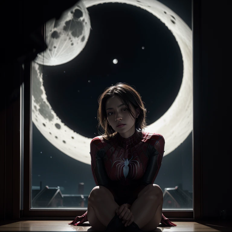 Spider woman, sitting on the window, looking at the moon