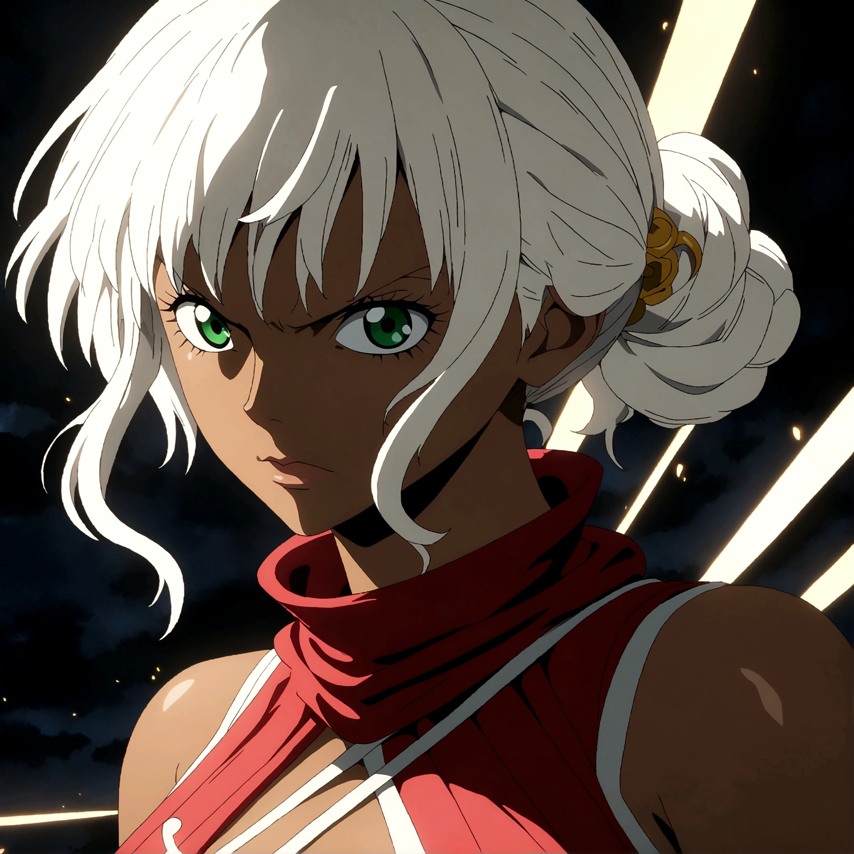 Female, brown skin, white hair tied up, green eyes, tamer outfit, serious expression, "One Piece-inspired anime design, filled with dramatic and stunning lighting, infused with creative details, ultra-fine 2D design, scenery bathed in creativity, boasting 2D anime resolution clarity, HD anime graphics, high-octane rendering"