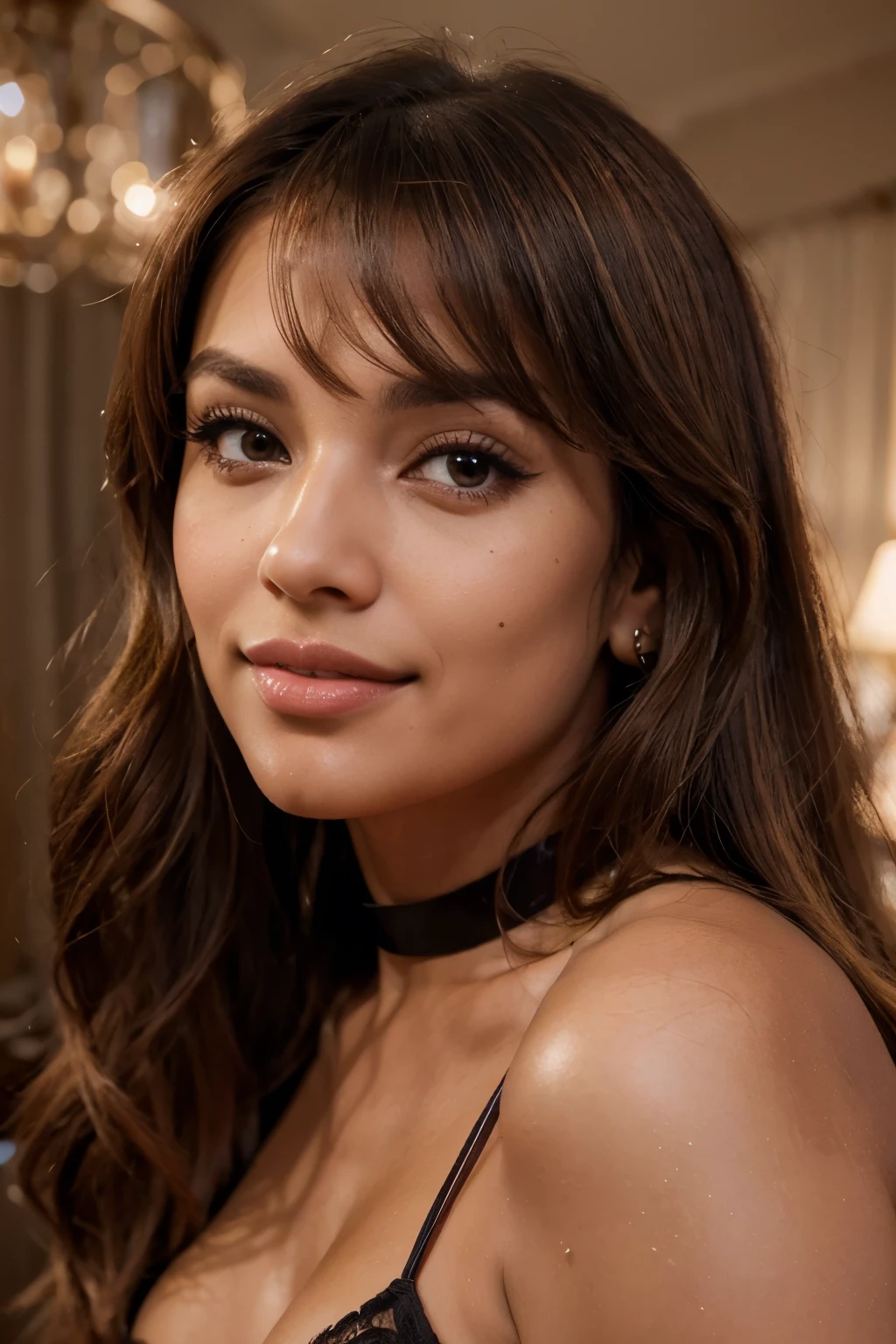 (Best quality, Ultra-detailed: 1.2), High-resolution, (in 8K), (Luma Fusion: 1.3), RAW-Photo, Stunning portrait of a radiant Brazilian woman named "Leela Rashid", iconic smile, extra long brown layered hair with striking blonde balayage highlights and captivating wine red highlights, curved bangs framing her face beautifully, glimmering black graphic eyeliner accentuating her almond-shaped eyes, caramel shadow subtly enhancing her lid, rosy blush boyfriend gracefully accentuating her cheekbones, luscious batom gloss labial