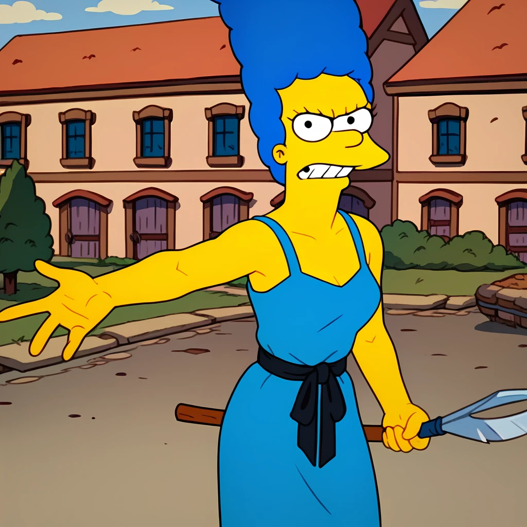 (((marges, blue hair, 1girl, solo, alone, colored skin, yellow skin))), zPDXL flat color, looking at viewer, angry,

      wearing blue mask in a blue costume holding blades in her hand           ,

sexy pose, dynamic pose, dynamic angle, cowboy shot,

outdoor, medieval village, dry trees, night,