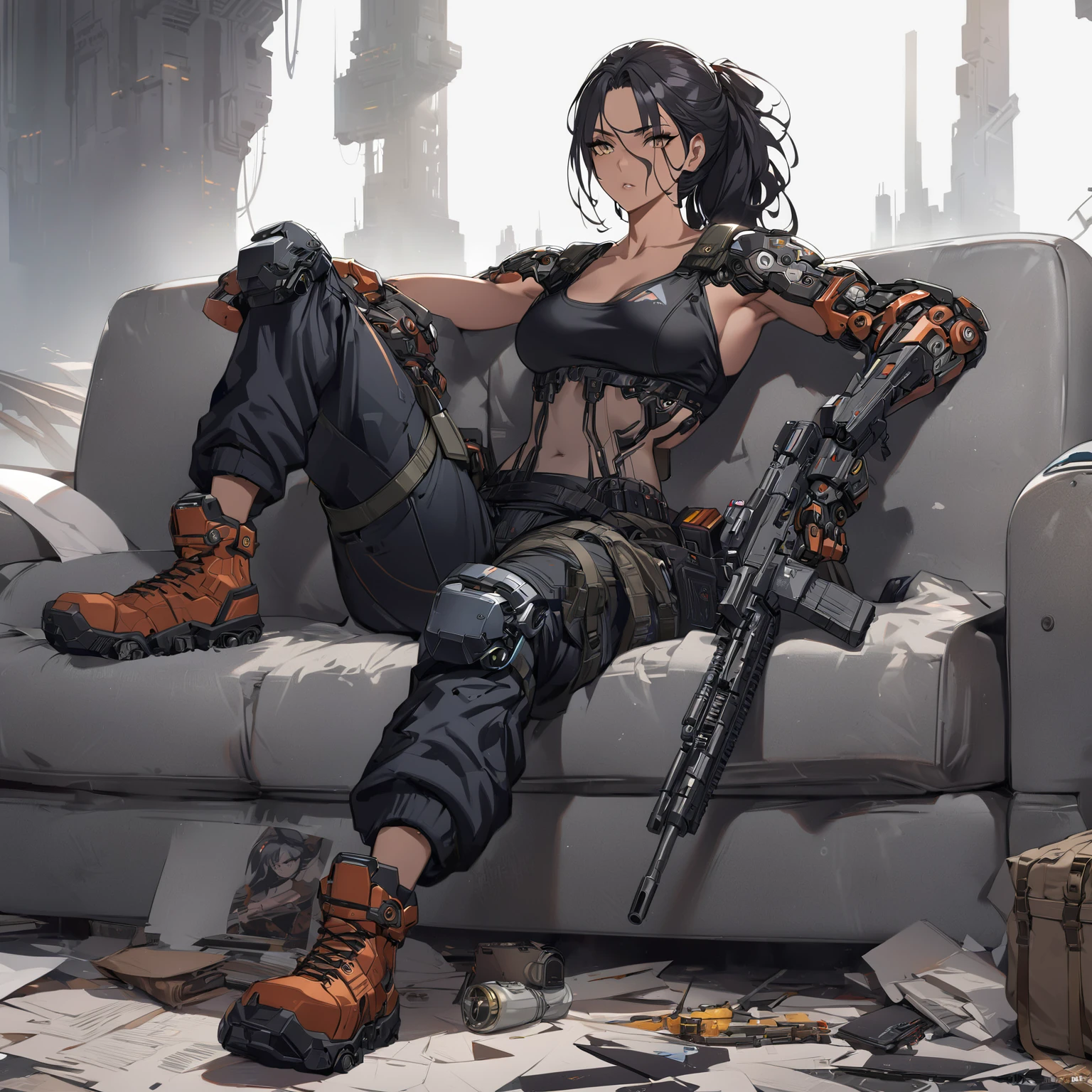 there is a woman sitting on a couch with a gun, mechanized soldier girl, lara croft relaxing, mercenary, badass pose, resting after a hard mission, concept art like ernest khalimov, soldier girl, badass anime 8 k, character art the contra, cyberpunk judy alvarez, jet black haired cyberpunk girl, by Yang J, infantry girl, hd artwork