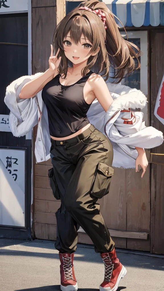 master piece, extremely detailed, high resolution, Haruba Negi style, Japanese anime style girl, tank top, military pants, brown hair, medium-long straight hair, front view, looking at the camera, happy expression, hip hop dance, mid-bust, slim waist, glossy, plump lips, fullbody, glossy hair, street dance, dance stage background, curious eyes, brown eyes, mouth closed and happy expression、