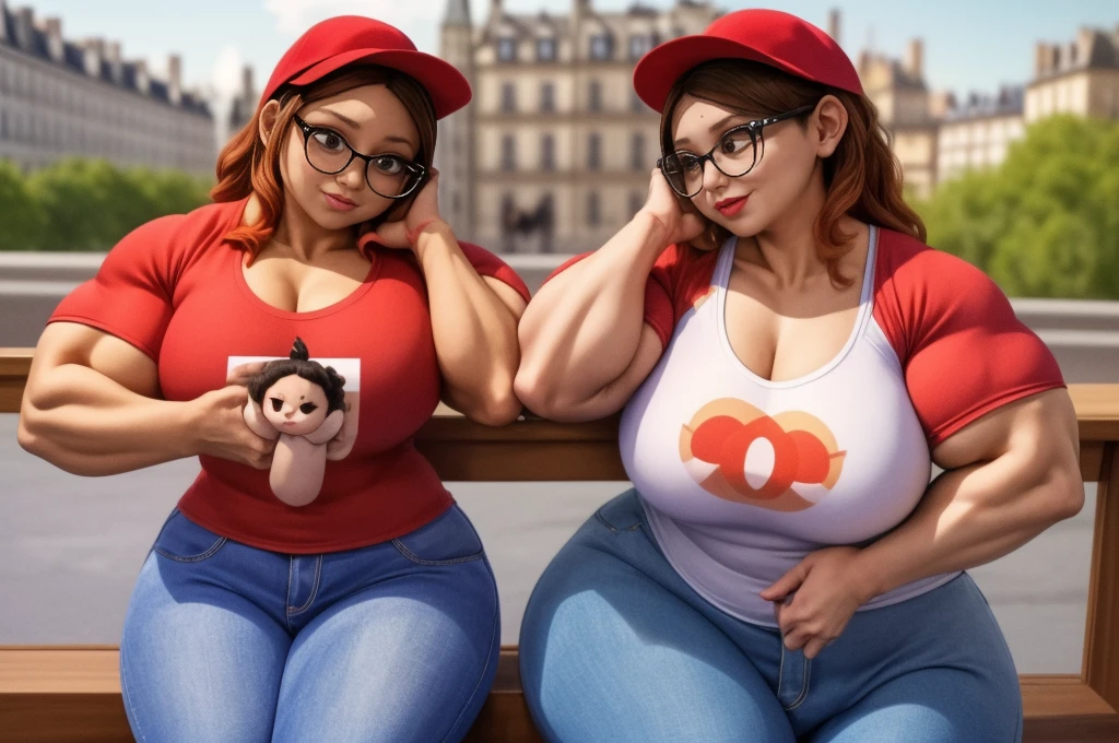 (masterpiece, best quality:1.2), A couple , boy Nino Lahiffe: Brown skin, dark hair, usually seen wearing a red cap, glasses, and casual clothing like a T-shirt and jeans, and a girl Alya Césaire: Brown skin, curly dark brown hair, often wears glasses, and typically seen in stylish, casual outfits. A casual day out with both characters in their everyday attire,Sharing a tender moment, like sitting on a rooftop overlooking Paris..(girl and boy:1), smiling, ((high resolution illustration)), ((extremely detailed)), (couple), Alya, Nino, Nino X Alya, (best quality,4k,8k,highres,masterpiece:1.2), ultra-detailed, realistic:1.37, HDR, studio lighting, extreme detail description, nino wearing a red cap, professional, vibrant colors, bokeh, ((muscular female bodybuilder)), detailed lips, strong embrace, romantic scene, intimate moment, intense passion, athletic bodies, fitness couple, gym, (((both flexing their big muscles))).