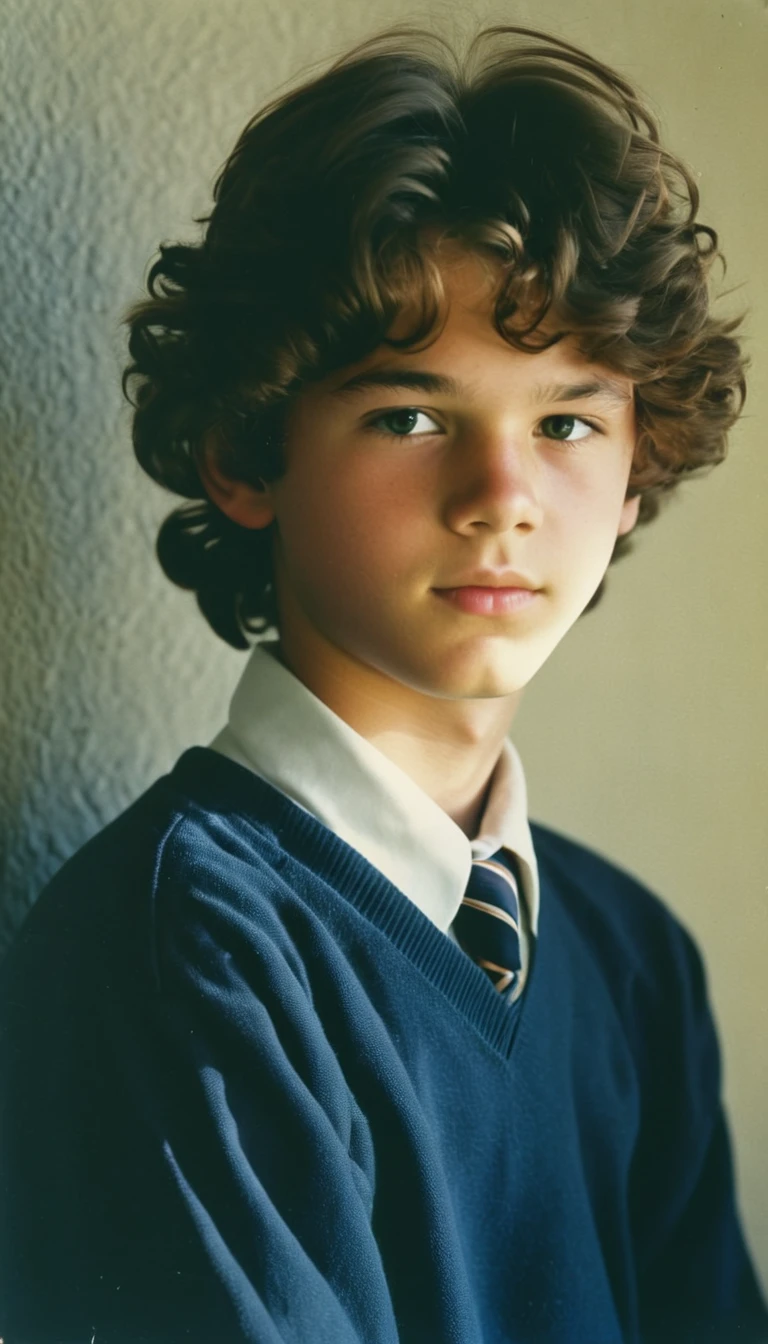 analog film photo, modern day photo of a young student, 14 years-old, male, brown-black hair, long curly hair, brown eyes, caucasian, round face, oval-shaped jawline, bulbous nose, full lips, thick eyebrows, soft features, stocky broad frame, chubby, handsome, resembles a younger John C Reilly, (relaxed school uniform:1.1), silhouette, backlit, split lighting, half face in shadow, RAW Photograph, dslr, hard lighting, hard shadows, high quality, film grain, Fujifilm XT3, detailed skin with visible pores, insane details, masterpiece, 8k, 35mm photograph, dslr, kodachrome, faded film, desaturated, 35mm photo, grainy, vintage, Kodachrome, Lomography, stained, highly detailed, found footage, yearbook portrait, contemporary, 2024