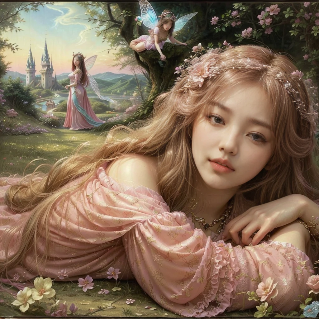 A Korean girl with big breasts in a pink dress lying on the floor with long wavy hair with a fairy tale in the background, lovely languid princess, Beautiful lady de fantasía, fairy portrait, beautiful fairys, fairy portrait princess, beautiful fantasy art, portrait of a fairy, beautiful fairy, beautiful fantasy art portrait, very beautiful fantasy art, beautiful fantasy painting, beautiful fairy, Beautiful lady