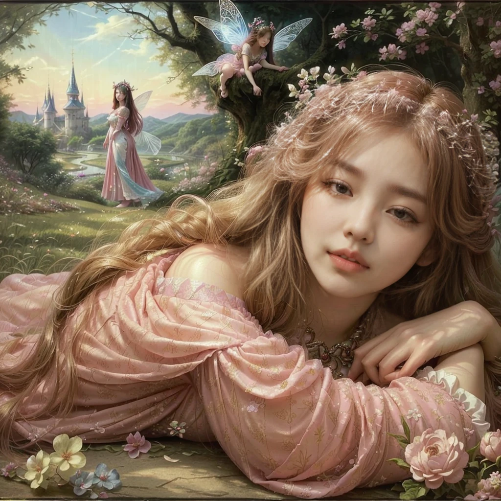 A Korean girl with big breasts in a pink dress lying on the floor with long wavy hair with a fairy tale in the background, lovely languid princess, Beautiful lady de fantasía, fairy portrait, beautiful fairys, fairy portrait princess, beautiful fantasy art, portrait of a fairy, beautiful fairy, beautiful fantasy art portrait, very beautiful fantasy art, beautiful fantasy painting, beautiful fairy, Beautiful lady