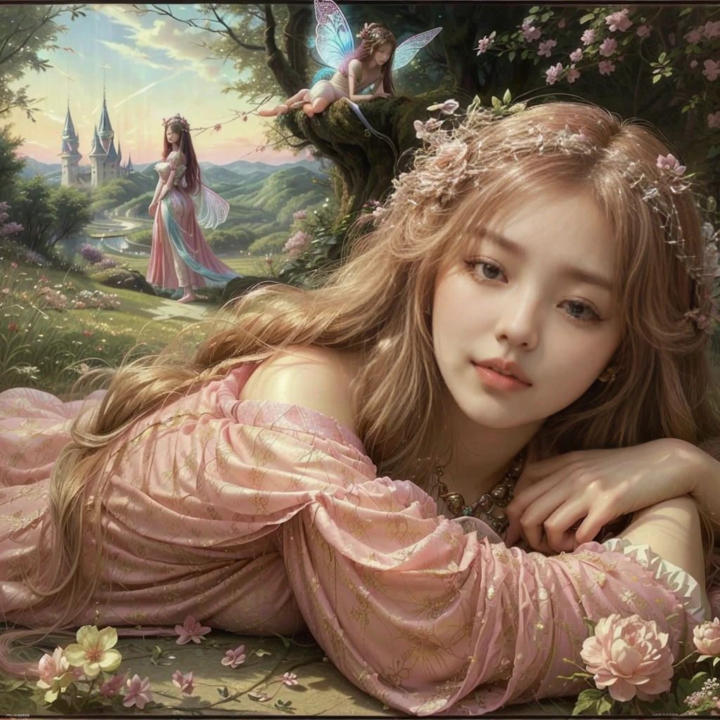 A Korean girl with big breasts in a pink dress lying on the floor with long wavy hair with a fairy tale in the background, lovely languid princess, Beautiful lady de fantasía, fairy portrait, beautiful fairys, fairy portrait princess, beautiful fantasy art, portrait of a fairy, beautiful fairy, beautiful fantasy art portrait, very beautiful fantasy art, beautiful fantasy painting, beautiful fairy, Beautiful lady