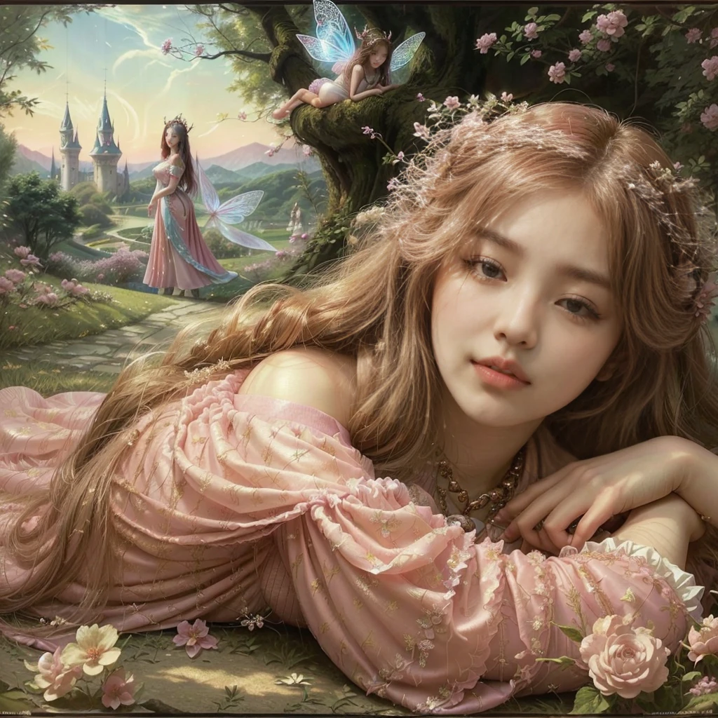 A Korean girl with big breasts in a pink dress lying on the floor with long wavy hair with a fairy tale in the background, lovely languid princess, Beautiful lady de fantasía, fairy portrait, beautiful fairys, fairy portrait princess, beautiful fantasy art, portrait of a fairy, beautiful fairy, beautiful fantasy art portrait, very beautiful fantasy art, beautiful fantasy painting, beautiful fairy, Beautiful lady