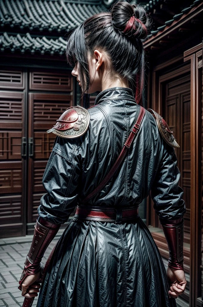 A beautiful chinese women warrior, weapon, 1girl, red full armor, sword, black_hair, bun hairstyle, holding, dual_wielding, solo_focus, holding_weapon, holding_sword, old chinese background, brown_eyes, view from behind