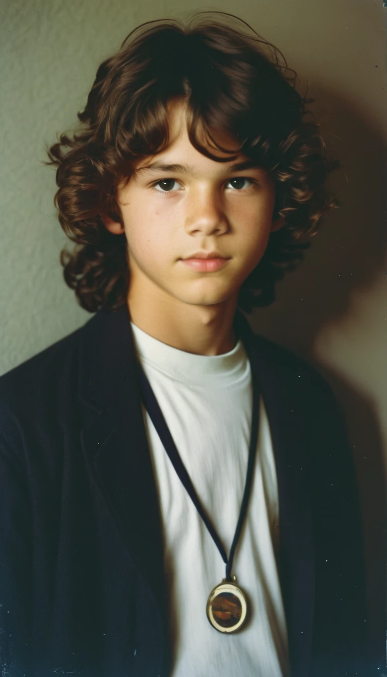 analog film photo, modern day photo of a young student, 15 years-old, male, brown-black hair, long curly hair, brown eyes, caucasian, round face, oval-shaped jawline, bulbous nose, full lips, thick eyebrows, soft features, stocky broad frame, chubby, handsome, resembles a younger John C Reilly, (relaxed school uniform:1.1), silhouette, backlit, split lighting, half face in shadow, RAW Photograph, dslr, hard lighting, hard shadows, high quality, film grain, Fujifilm XT3, detailed skin with visible pores, insane details, masterpiece, 8k, 35mm photograph, dslr, kodachrome, faded film, desaturated, 35mm photo, grainy, vintage, Kodachrome, Lomography, stained, highly detailed, found footage, yearbook portrait, contemporary, 2024