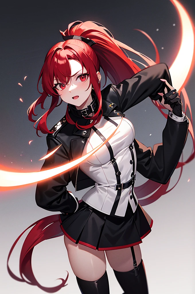 Rogue human woman, with red hair and black streaks, long high ponytail, white corset, black mini skirt, black thigh high boots, black jacket, with a dagger, moon in background