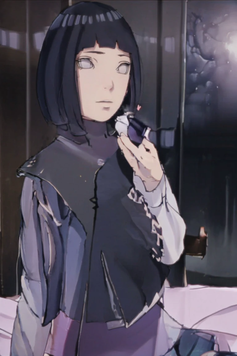 { - anatomy error} (Masterpiece - Ultra-detailed, very high resolution) (huge titusty, masterpiece, absurdres, hinata\(boruto\), 1girl, solo,mature female, lilac turtleneck blouse, black pant, looking at viewelling petals), perfect composition, detailed lips, big breast, beautiful face, body propotion, blush, (pink lips), short hair, (black hair), purple eyes, soft gaze, super realistic, detailed, photoshoot, realistic face and body, closed mouth , lilac eyes, full body, sitting on the floor , backwards, looking back, black boots, hidden hands, perfect fingers, inocent face