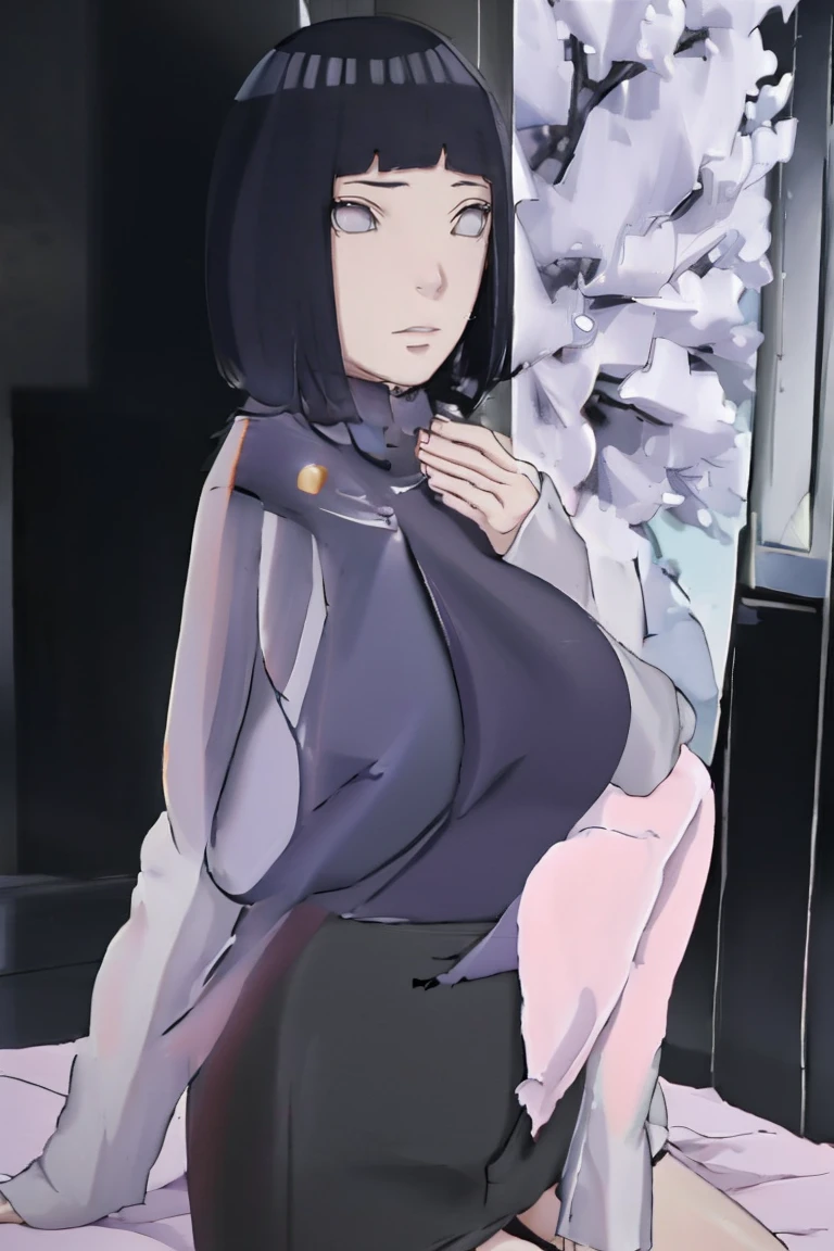 { - anatomy error} (Masterpiece - Ultra-detailed, very high resolution) (huge titusty, masterpiece, absurdres, hinata\(boruto\), 1girl, solo,mature female, lilac turtleneck blouse, black pant, looking at viewelling petals), perfect composition, detailed lips, big breast, beautiful face, body propotion, blush, (pink lips), short hair, (black hair), purple eyes, soft gaze, super realistic, detailed, photoshoot, realistic face and body, closed mouth , lilac eyes, full body, sitting on the floor , backwards, looking back, black boots, hidden hands, perfect fingers, inocent face