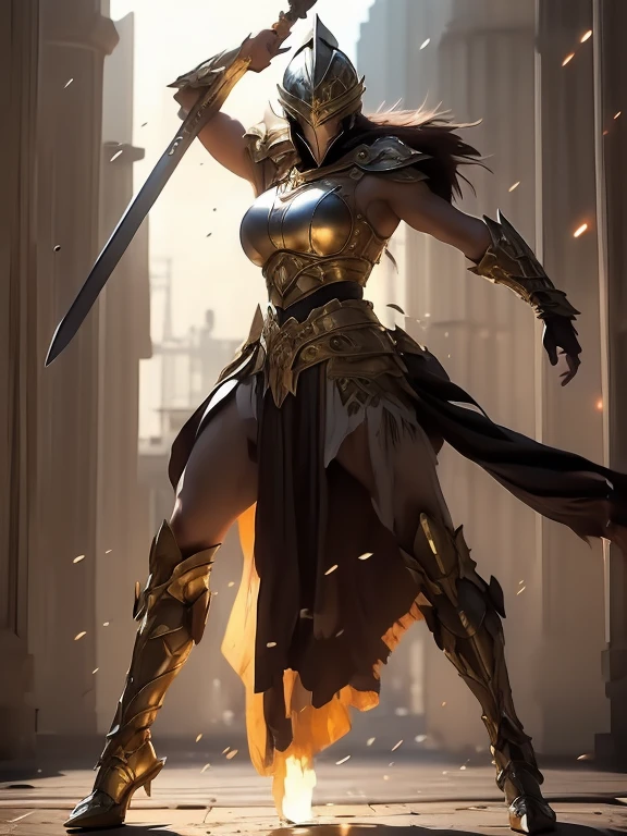 young lady knight, powerful aura, unleashing a slash, dynamic pose, glowing energy, intense expression, detailed armor, fantasy setting, battle scene, vibrant colors, magic, flowing hair, epic, fierce, shining sword, action, dramatic lighting, high contrast, sparks, mystical, warrior, heroic, ethereal, enchanted, strong, determined, anime style, intricate design, motion blur, radiant, fierce battle, medieval fantasy, power, dramatic, swirling energy, beautiful warrior woman in golden greek armor, porfect human face detailed, Jet black hair, hoplite helmet, muscular, huge naked breasts, I look at the viewer, foreground, model photo poses, work of art, best qualityer, 8K, nblurry background, medieval fantasy castle in the background