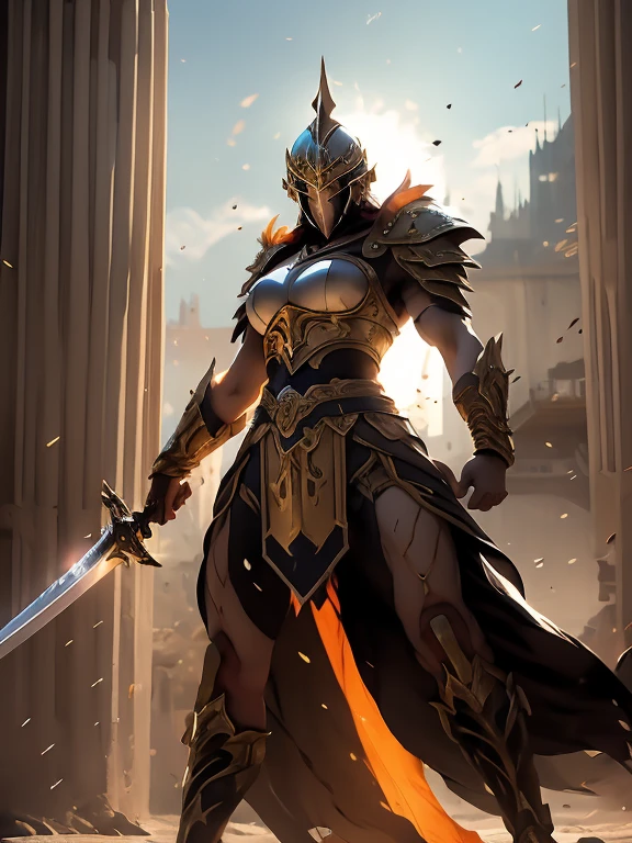 young lady knight, powerful aura, unleashing a slash, dynamic pose, glowing energy, intense expression, detailed armor, fantasy setting, battle scene, vibrant colors, magic, flowing hair, epic, fierce, shining sword, action, dramatic lighting, high contrast, sparks, mystical, warrior, heroic, ethereal, enchanted, strong, determined, anime style, intricate design, motion blur, radiant, fierce battle, medieval fantasy, power, dramatic, swirling energy, beautiful warrior woman in golden greek armor, porfect human face detailed, Jet black hair, hoplite helmet, muscular, huge naked breasts, I look at the viewer, foreground, model photo poses, work of art, best qualityer, 8K, nblurry background, medieval fantasy castle in the background