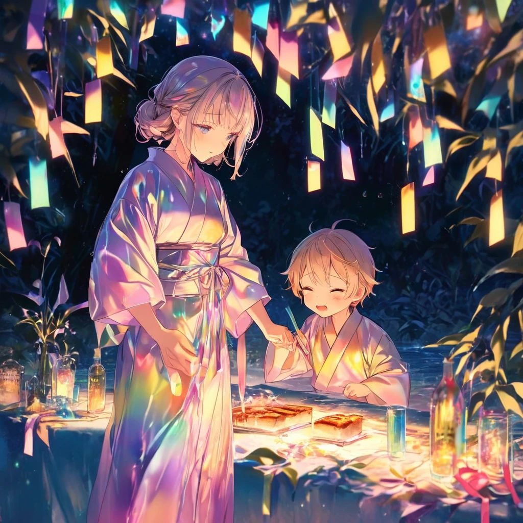 Sad expression、Caving、Stripを見つめ合う口づけTwo people、Two people、tanabata、Strip、Bamboo leaf、Wishing on Strip、Grilling in a yukata,fluid,Particles of light, dream-like,Sparkling,dream-like glow,Paint drips,oil,strong stroke,Paint drips,Splash Paint Drop, oil,(Abstract:1.2)A girl and a boy made up of(tanabataライトトレース:1.25),Change to (Radioluminescence light tracking) スタイルtanabataのSummer festival,Two people are Orihime and Hikoboshi(Cowboy Shot),Temple Fair,Summer festival,Shining in rainbow colors、16K, Ultra-high resolution, to be born,wonderful ,future、iridescent、The world 30 years from now。