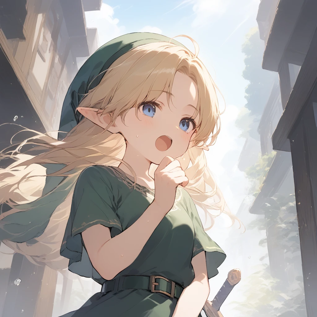 score_9, score_8_up, score_7_up, source_anime, best quality, masterpiece, official art, absurdres, highres, ultra-detailed,waifu2x,Collection: Slice of Life,break,1girl, YoungLink, small breasts, blonde hair, green tunic, pointy ears, hat, solo, blue eyes,green_headwear belt, sword, sweat, open mouth, (yawn:0.3), sleepily, outdoors, wind,break,(clear line illustration:1.2), super detailed skin,very high resolution, very aesthetic, Best sexual lighting powered by famous artist, 8k,cute picture,beauty illustration,photoshop_(medium),,(Detailed Lighting),best anime 8k konachan wallpaper, pixiv contest winner, 