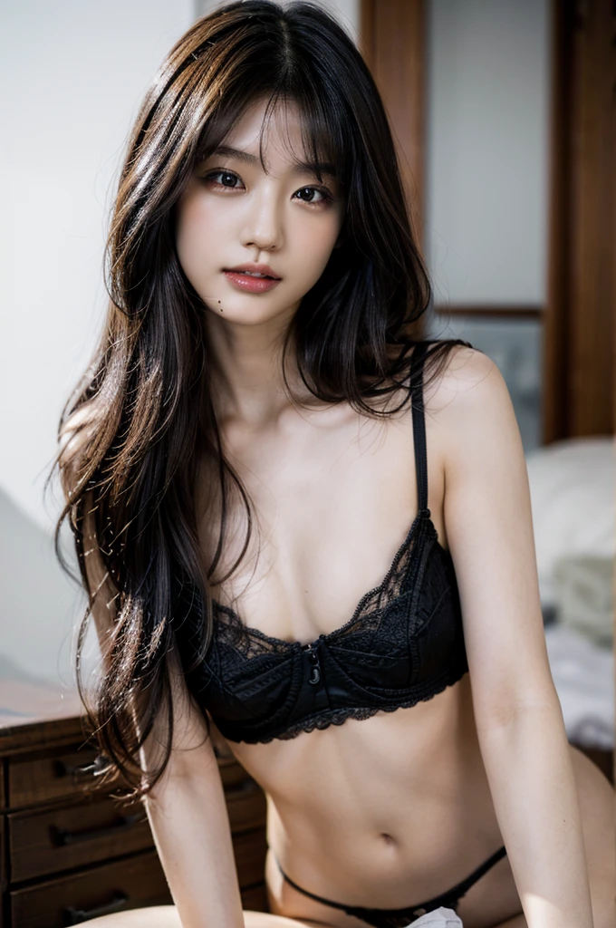 (8k:1.2), best quality, masterpiece, (ultra highres:1.2), beautiful detailed eyes, long eyelashes, double eyelid, high detail, detailed hairstyle, detailed face, hyper realistic, 1girl, solo, (pale skin:1.2), (18 years old), (medium breasts), sexy, black underwear, small hips, slender, (medium breasts:1.2), (wet:0.9), (transparent underwear), small hips, slender, bikini, black hair, closed mouth, (smiling:0.8), looking at viewer, (from below:1.3), (from front), legs focus, (cowboy shot), (sexy pose:1.2),