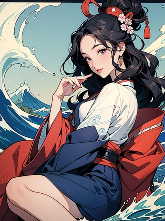 (Highest quality、masterpiece、High resolution、Official Art、8K)、Ukiyo-e、Katsushika Hokusai、Fuji Mountain、White waves of the sea、Boat、