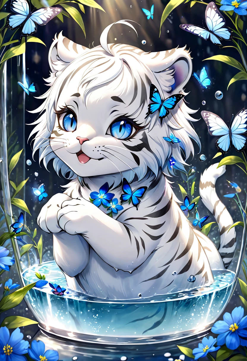 absurdres, highres, ultra detailed, HDR, master piece, best quality, extremely detailed, white tiger, solo, cute, small, fantasy, magical, magic, blue butterflies, blue petals, blue flowers, water, blossoms, glass