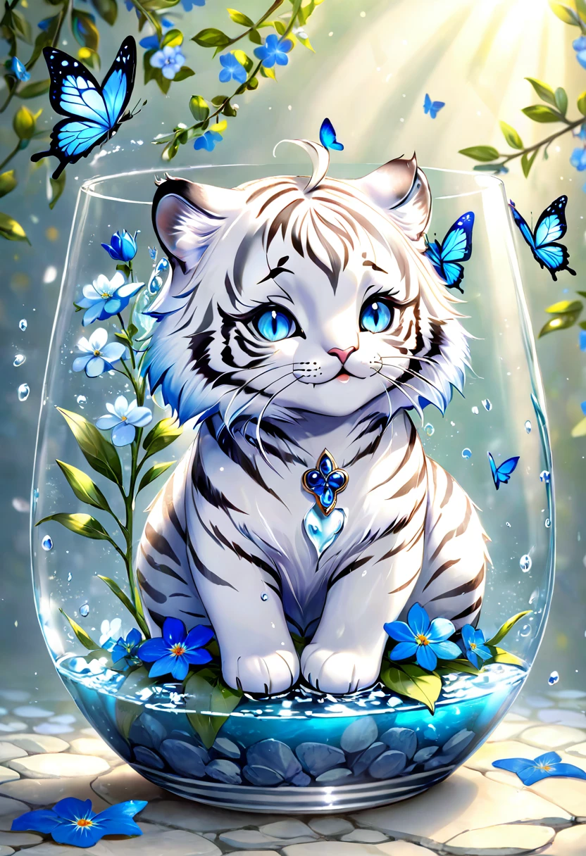 absurdres, highres, ultra detailed, HDR, master piece, best quality, extremely detailed, white tiger, solo, cute, small, fantasy, magical, magic, blue butterflies, blue petals, blue flowers, water, blossoms, glass
