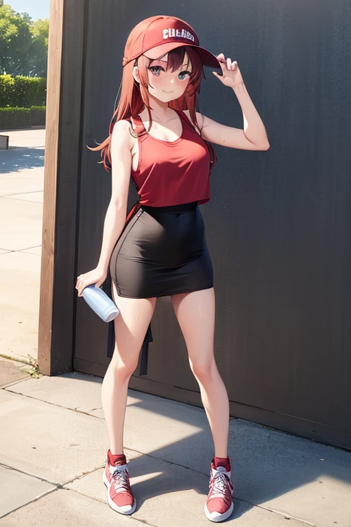 1girl, woman, red tank top (cropped), tight midi pencil skirt (black), long length pencil skirt, long brown hair, looking at viewer, full body, smile, blush, sneakers, socks, garden, summer, visor, backpack, holding water bottle, sweat