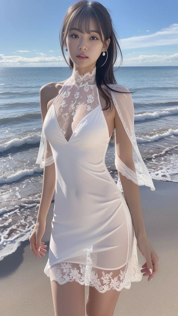 (Surreal), (figure), (High resolution), (8K), (Very detailed), (best figure), (Beautiful attention to detail), (Highest quality), (Ultra-detailed), (masterpiece), (wallpaper), (Detailed face), alone, (Dynamic pose:1.3), 1 Girl, (whole body), (See-through summer mini dress trimmed with lace:1.3), (upturned chest with tension:1.2), (Blush 1.2), (Straight cut blunt bangs), (Long hair cascading behind both ears), Long legs, Tighten your abdominal muscles, (little finger), (No pants), (Very good), (At the beach), (Dynamic Shot:1.5)