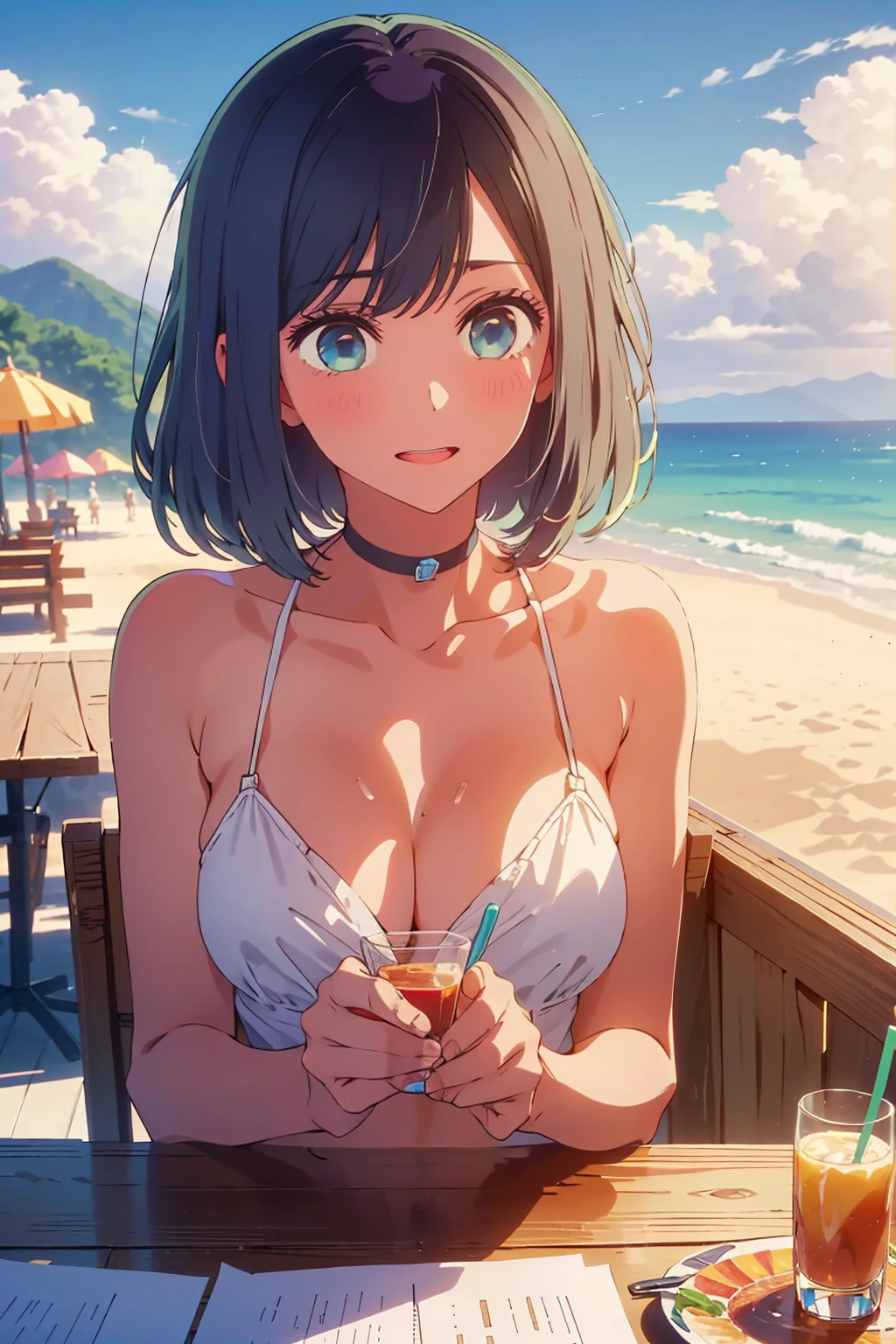 (Highest quality:1.4、masterpiece:1.4、Super detailed:1.4、8K:1.4)、((((1 person、Surprised expression、sit、Outdoor café terrace、coastal、juice、table、Sandy Beach、bikini、juiceのグラスを持つ、Big eyes、Shallow depth of field、Very cute face))))、(((sunset、Sunset)))、F cup bust、Big Breasts