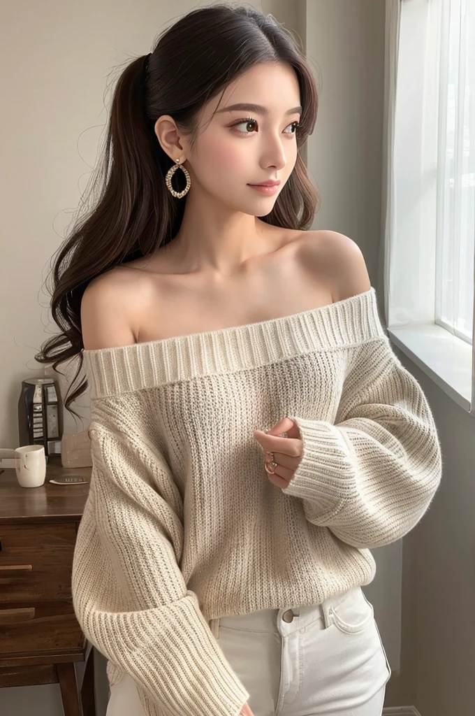 ((Highest quality)), ((masterpiece)), (detailed), One girl, Off-the-shoulder sweater,