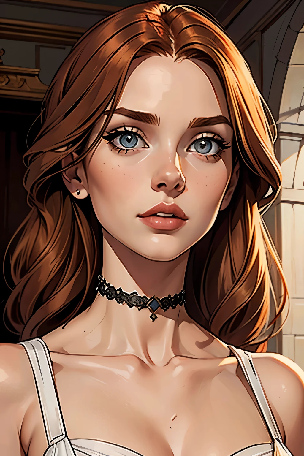 best qualityer, work of art, (realisitic: 1.2), 1 girl, slender girl, ginger hair, eyes browns, 3/4 view, face detailed, gorgeous eyes, eyes gray, eyes large, breasts small, choker, see through gown