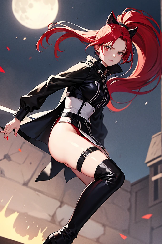 Rogue human woman, with red hair and black streaks, long high ponytail, white corset, black mini skirt, black thigh high boots, black jacket, with a dagger, moon in background
