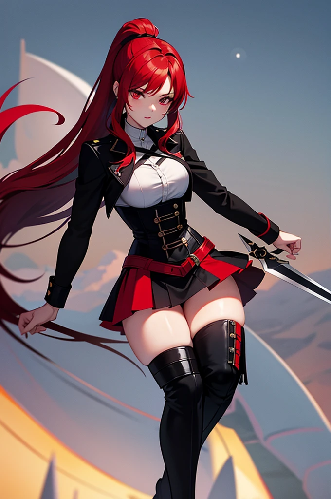 Rogue human woman, with red hair and black streaks, long high ponytail, white corset, black mini skirt, black thigh high boots, black jacket, with a dagger, moon in background